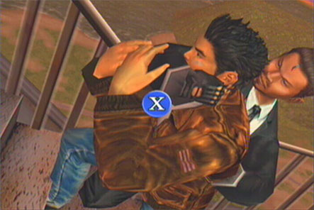 A man holds Ryo in a grip, press X to escape.